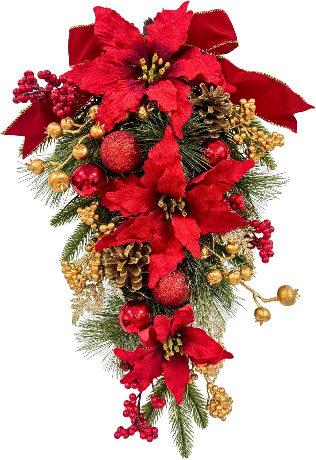 Lighted Christmas Door Swag with Poinsettias, Red Bow and Ornaments, main product view