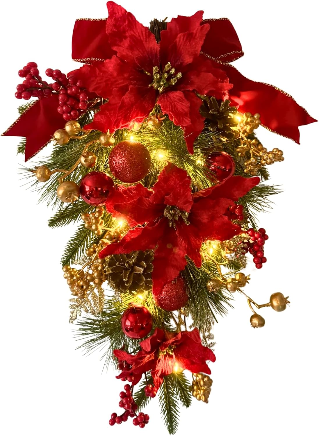 Lighted Christmas Door Swag with Poinsettias, Red Bow and Ornaments, additional listing view 2
