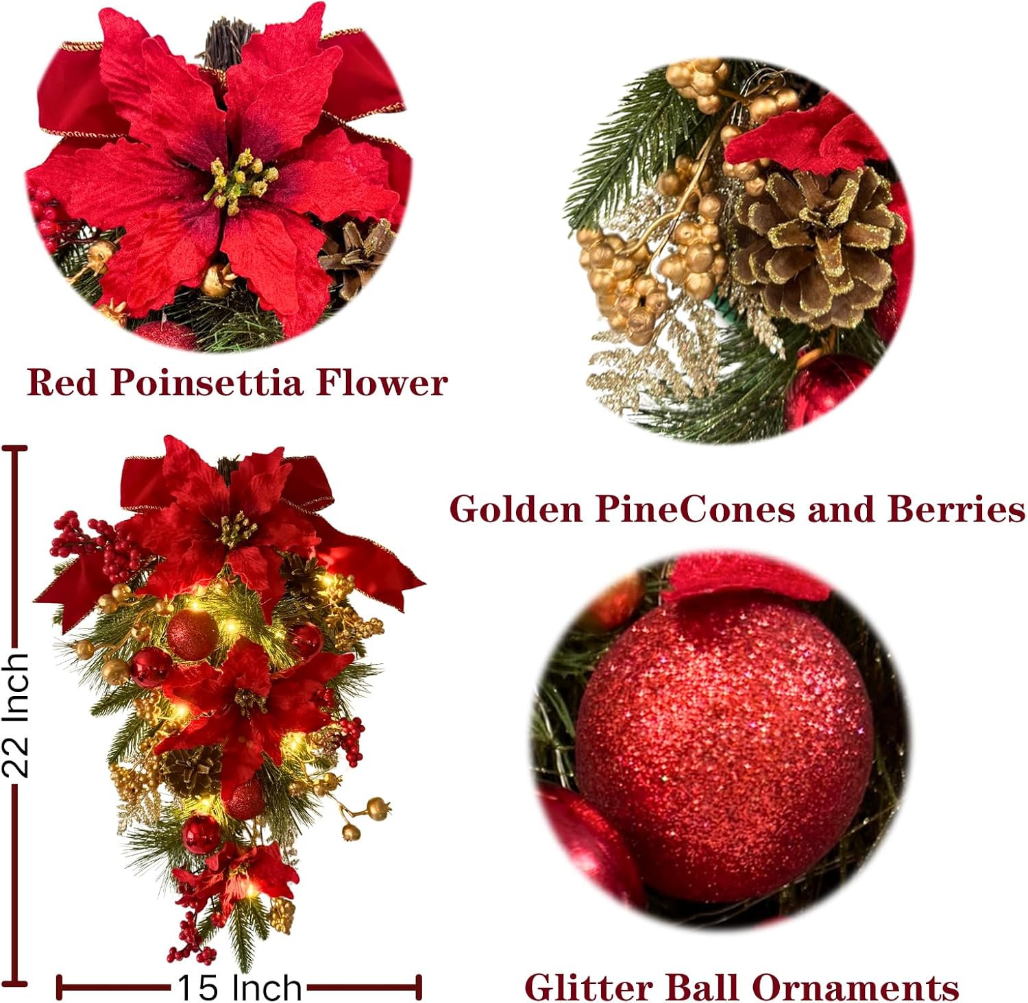Lighted Christmas Door Swag with Poinsettias, Red Bow and Ornaments, additional listing view 3