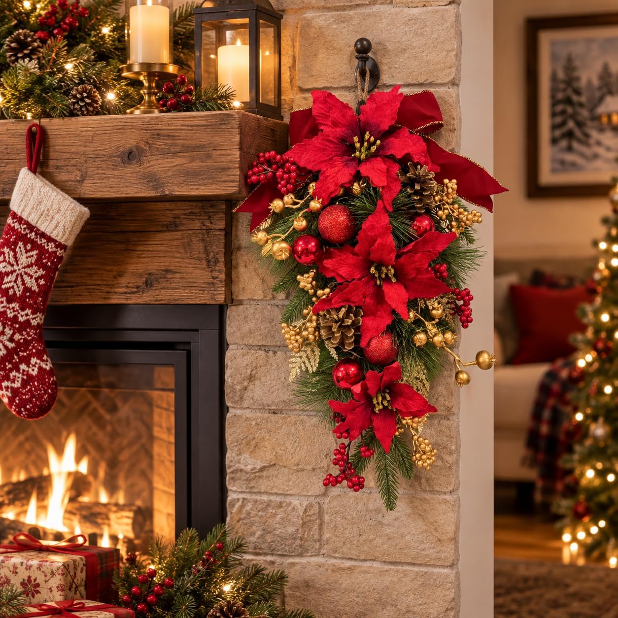 Lighted Christmas Door Swag with Poinsettias, Red Bow and Ornaments, additional listing view 4