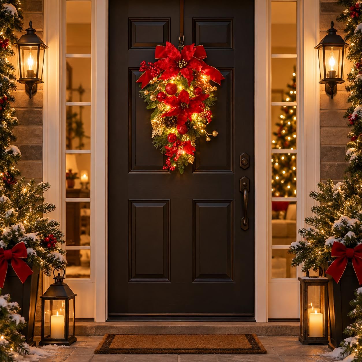 Lighted Christmas Door Swag with Poinsettias, Red Bow and Ornaments, additional listing view 5