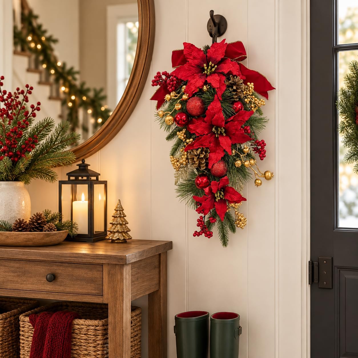 Lighted Christmas Door Swag with Poinsettias, Red Bow and Ornaments, additional listing view 6