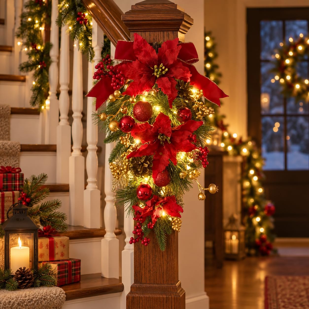 Lighted Christmas Door Swag with Poinsettias, Red Bow and Ornaments, additional listing view 7