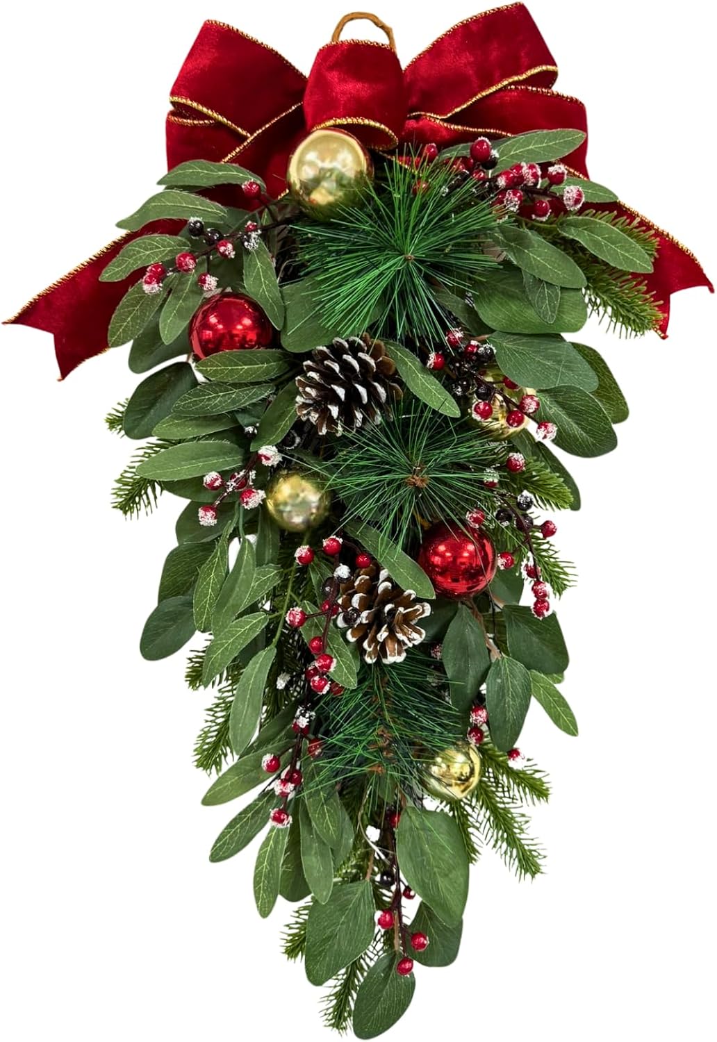 Lighted Christmas Door Swag with Timer, Red Bow and 2 Light Modes, main product view
