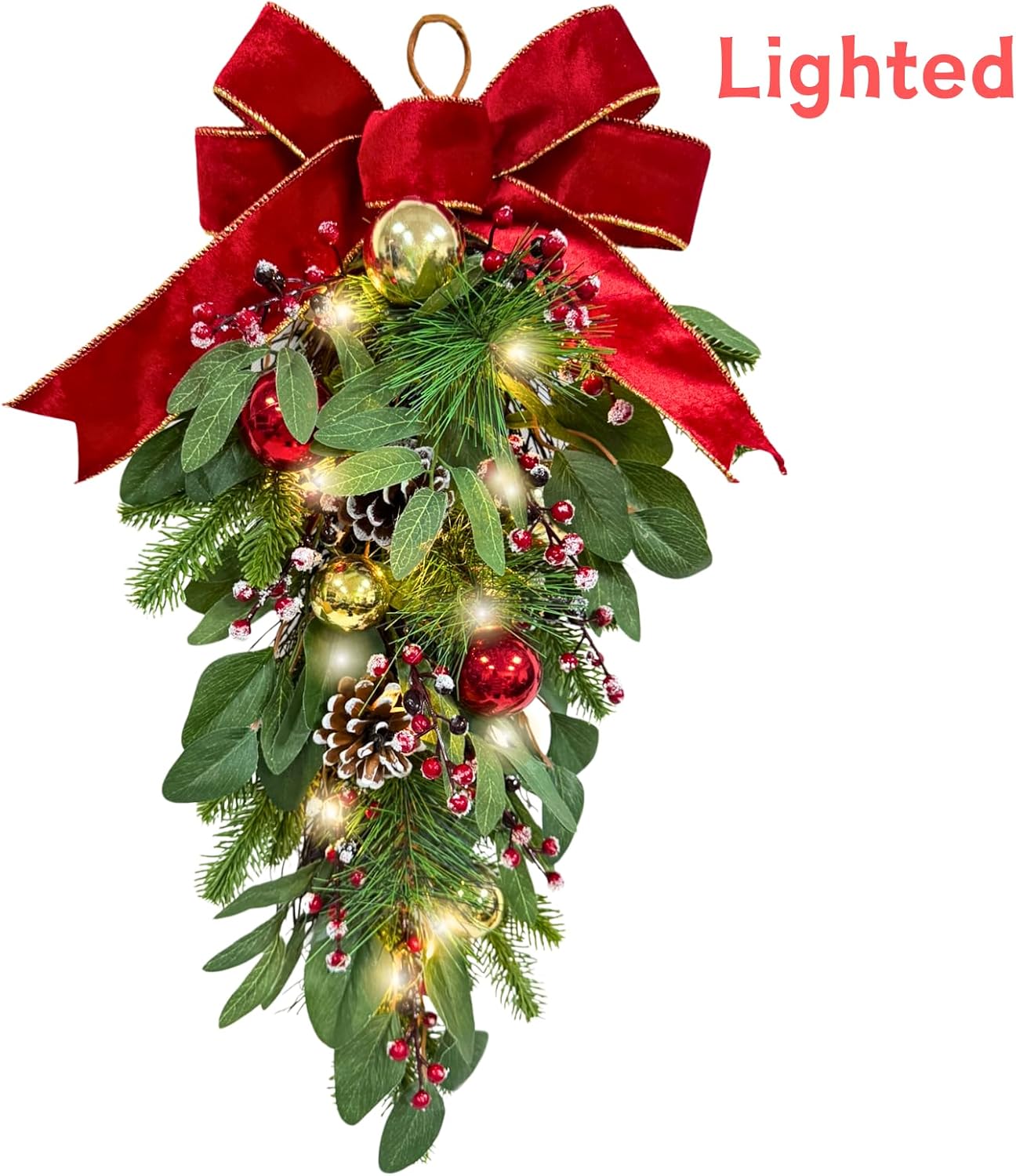 Lighted Christmas Door Swag with Timer, Red Bow and 2 Light Modes, additional listing view 2