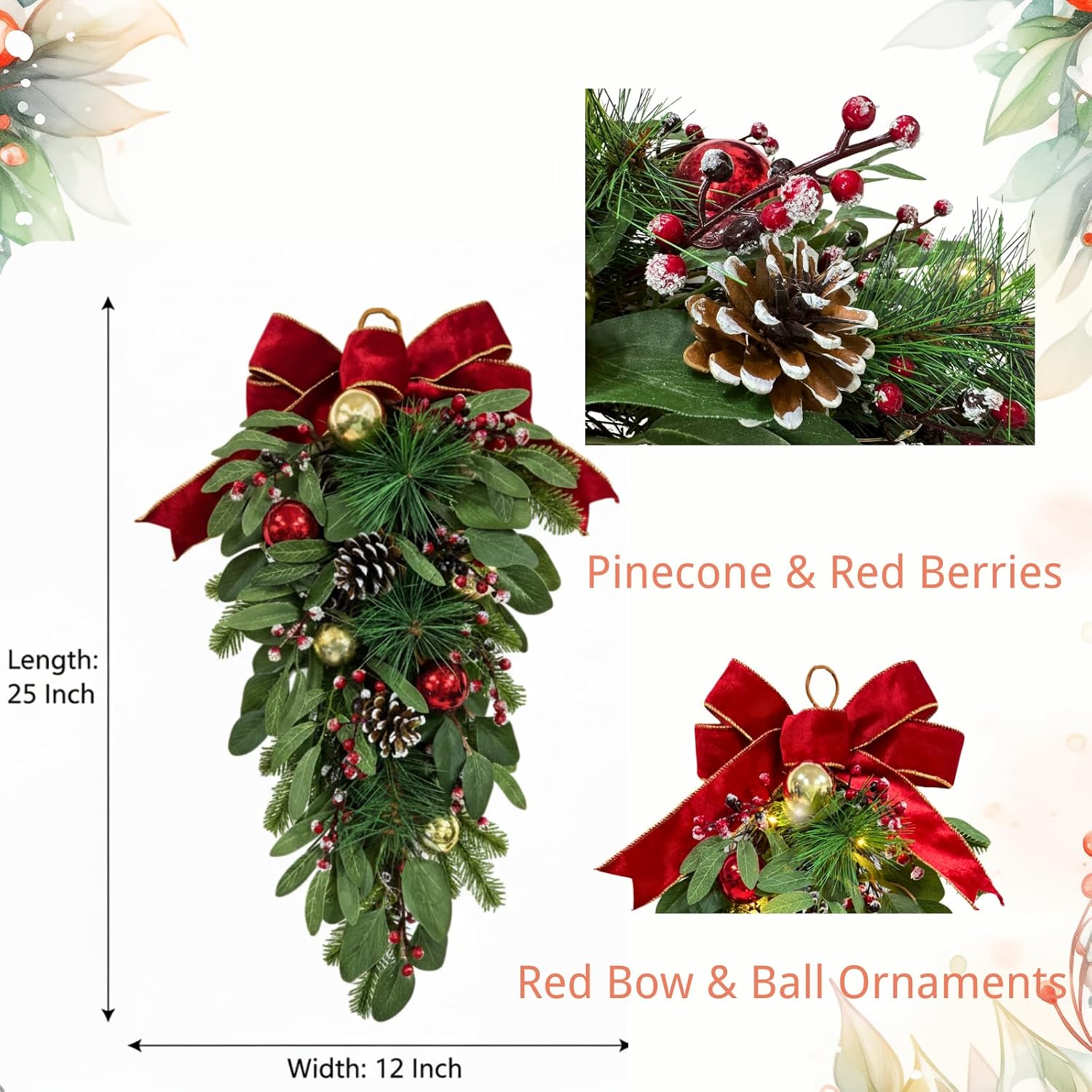 Lighted Christmas Door Swag with Timer, Red Bow and 2 Light Modes, additional listing view 3