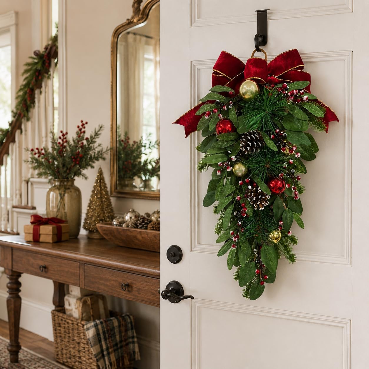 Lighted Christmas Door Swag with Timer, Red Bow and 2 Light Modes, additional listing view 4
