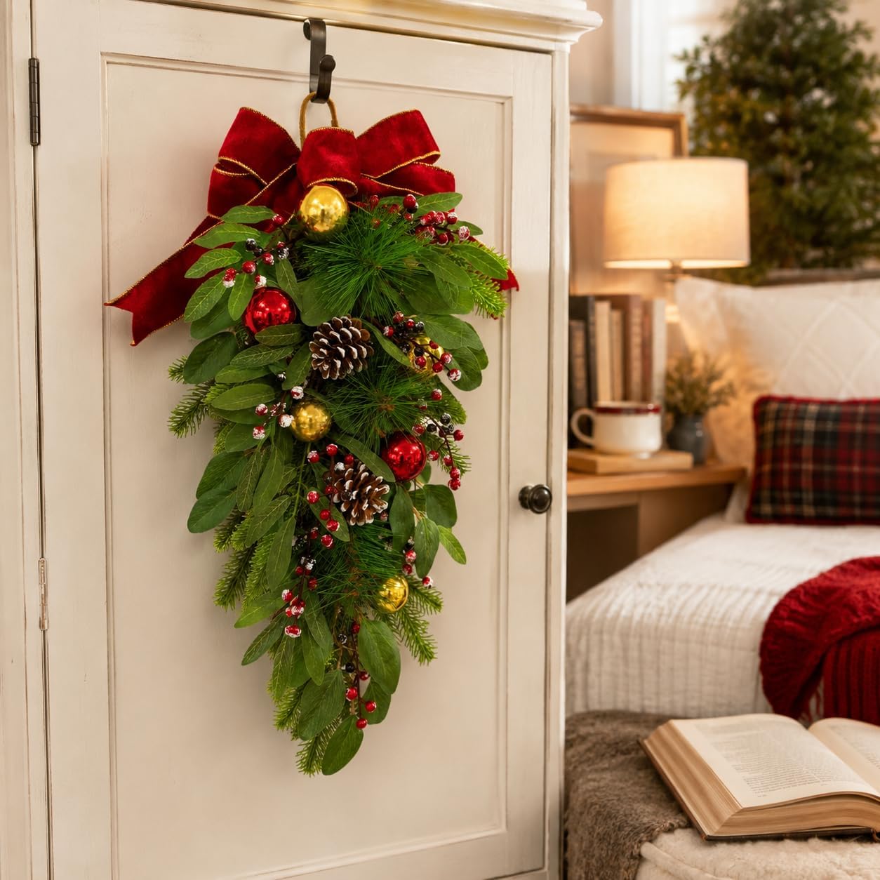 Lighted Christmas Door Swag with Timer, Red Bow and 2 Light Modes, additional listing view 5