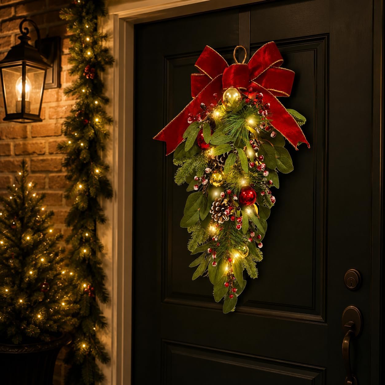 Lighted Christmas Door Swag with Timer, Red Bow and 2 Light Modes, additional listing view 6