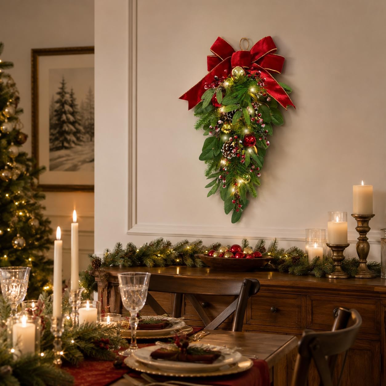 Lighted Christmas Door Swag with Timer, Red Bow and 2 Light Modes, additional listing view 7