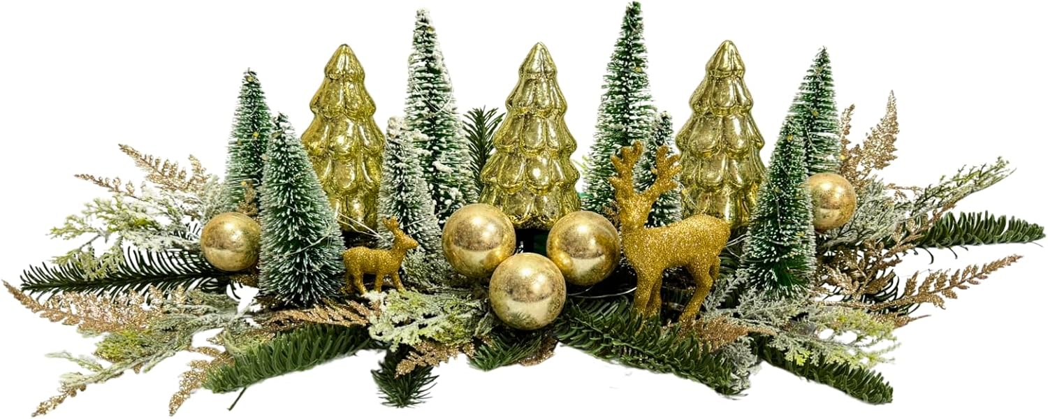 Lighted Christmas Table Centerpiece with Timer and Gold Mini Trees, main product view