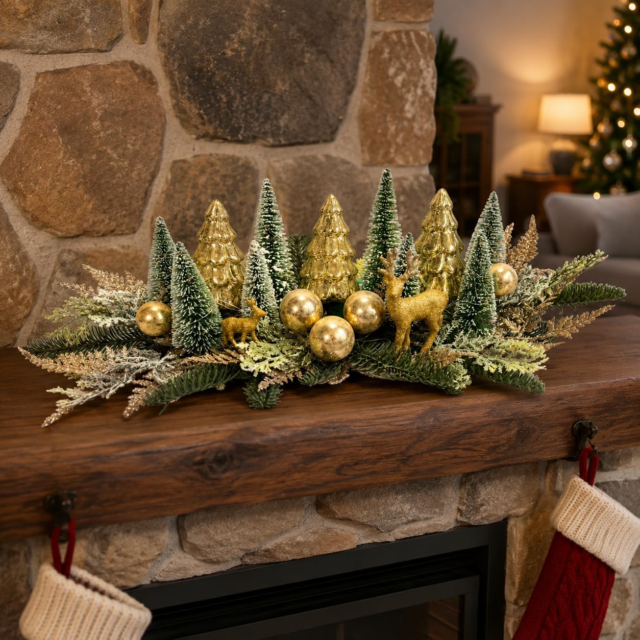 Lighted Christmas Table Centerpiece with Timer and Gold Mini Trees, additional listing view 4