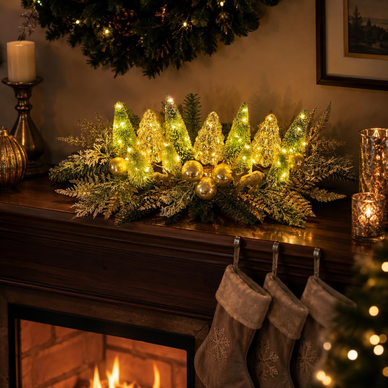 Lighted Christmas Table Centerpiece with Timer and Gold Mini Trees, additional listing view 6