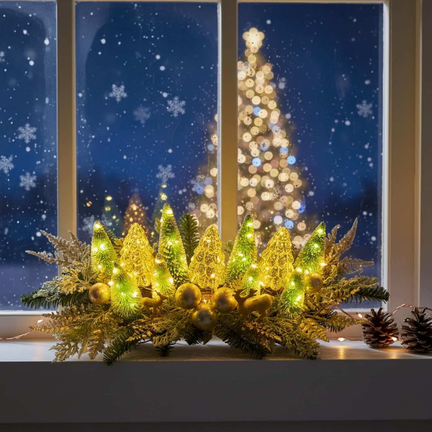 Lighted Christmas Table Centerpiece with Timer and Gold Mini Trees, additional listing view 7
