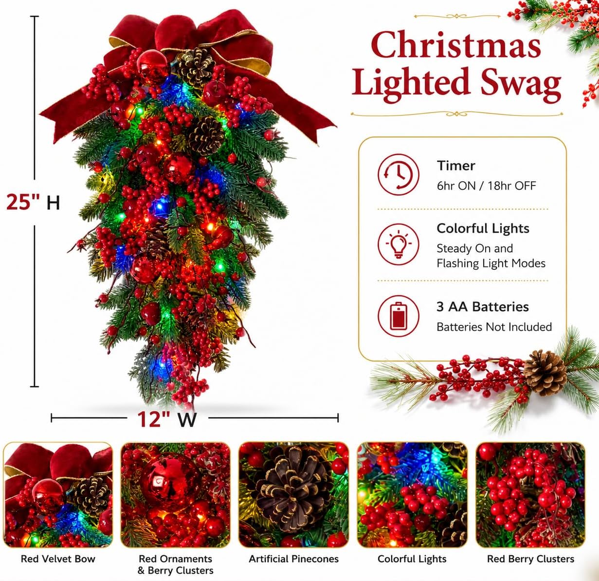 Lighted Christmas Teardrop Swag with 20 Multicolor LEDs and Timer, additional listing view 3