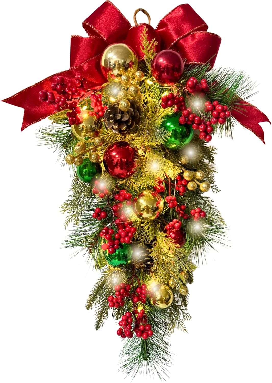 Lighted Christmas Teardrop Swag with Timer, Red Bow and Ornaments, main product view