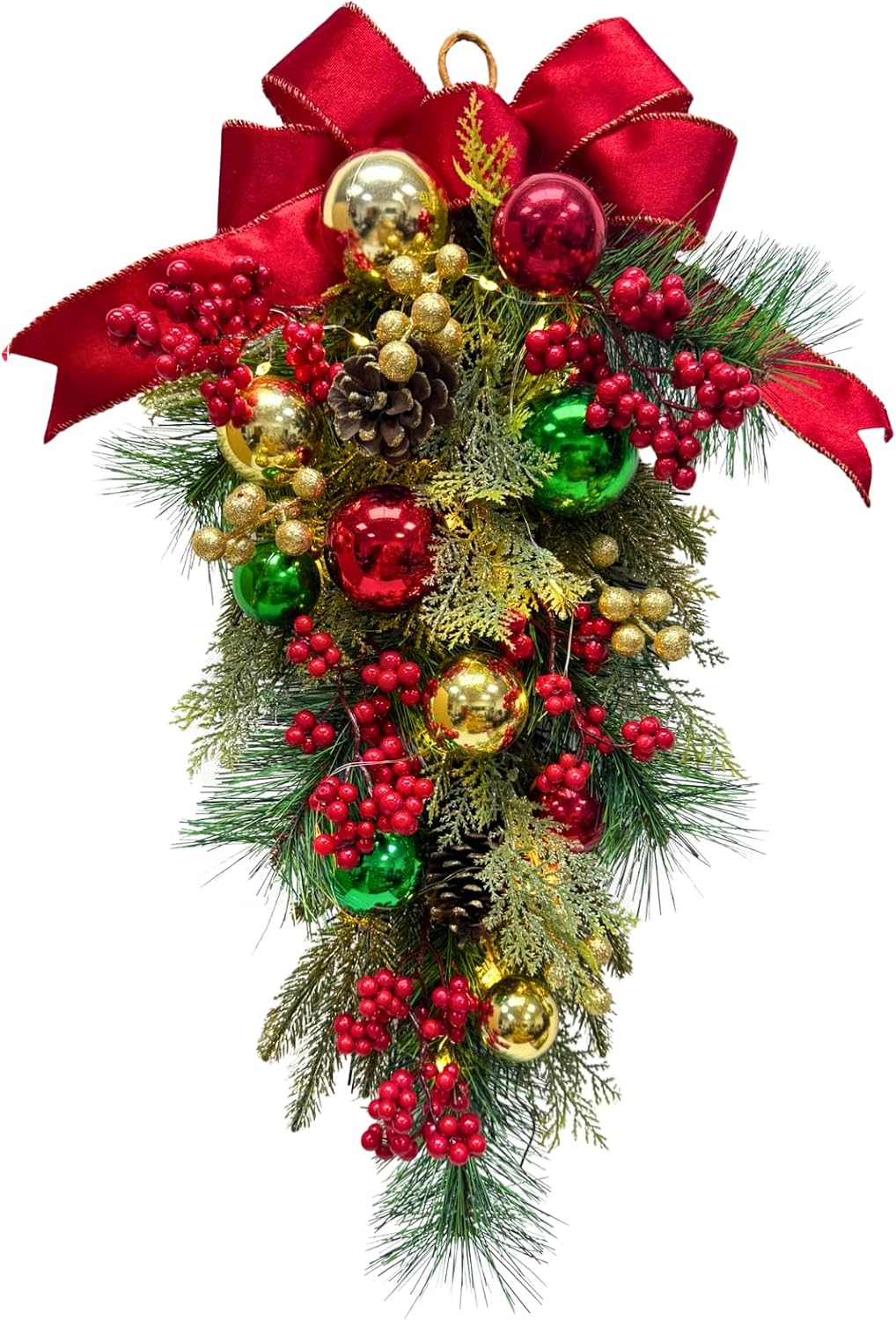 Lighted Christmas Teardrop Swag with Timer, Red Bow and Ornaments, additional listing view 2