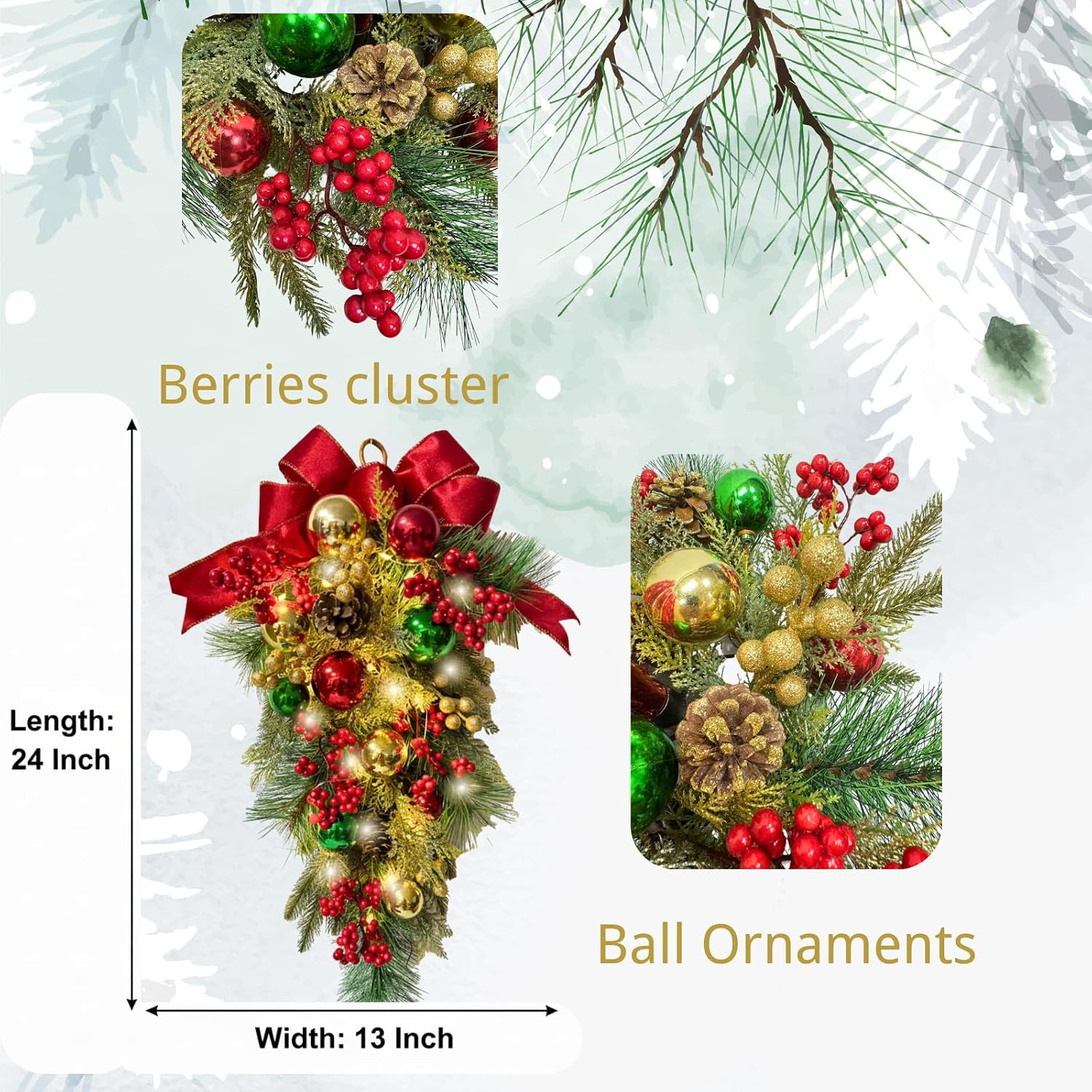 Lighted Christmas Teardrop Swag with Timer, Red Bow and Ornaments, additional listing view 3