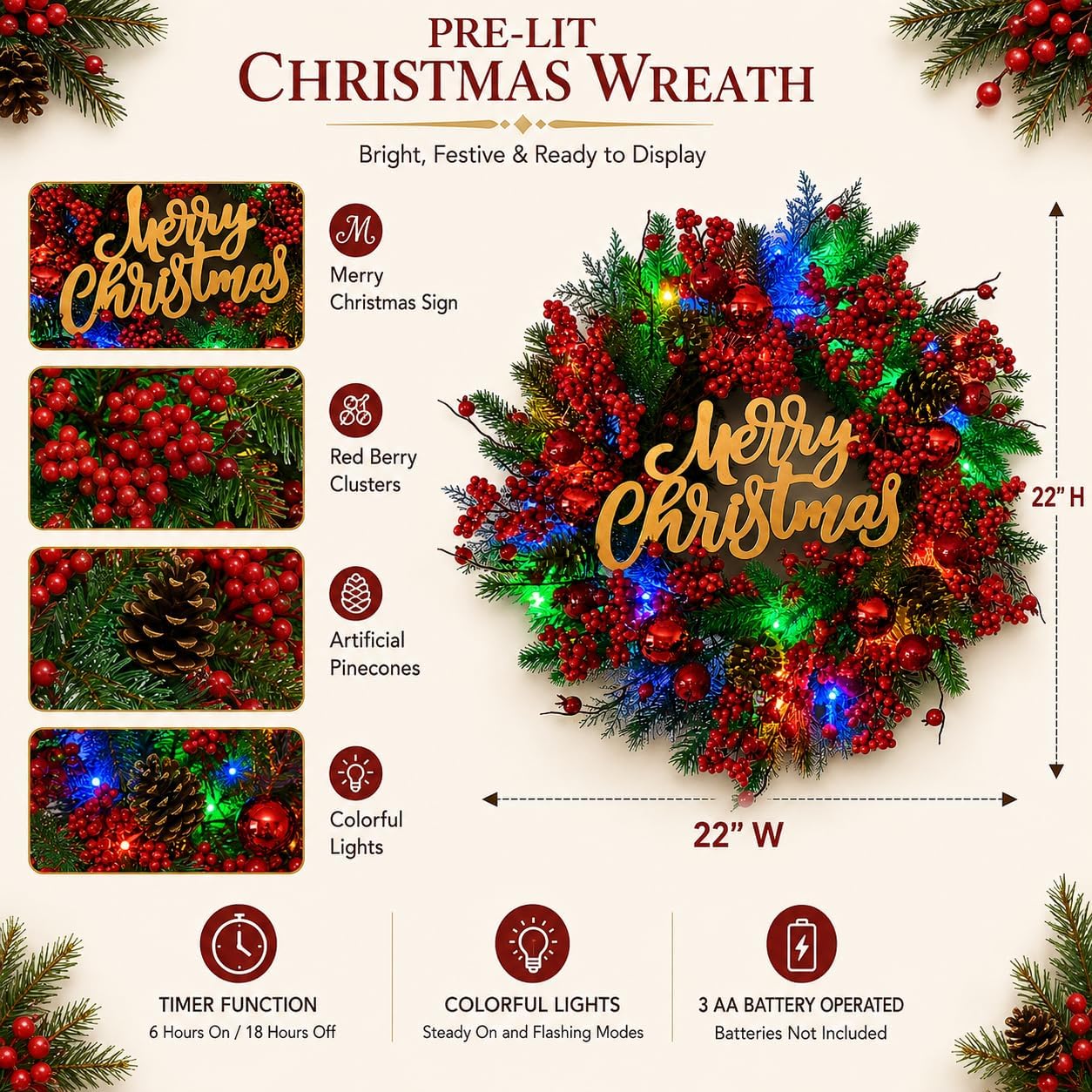 Lighted Christmas Wreath with Merry Christmas Sign and Timer, additional listing view 3