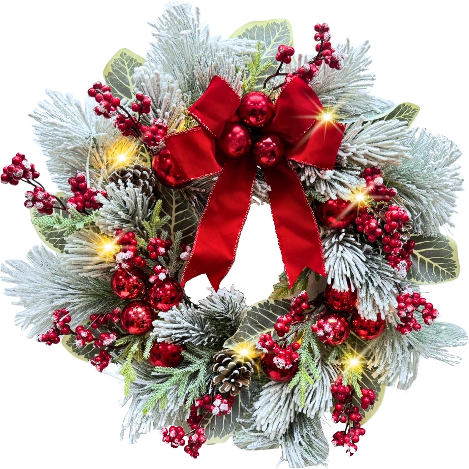 Lighted Christmas Wreath with Red Bow, Red Berries and Ornaments, main product view