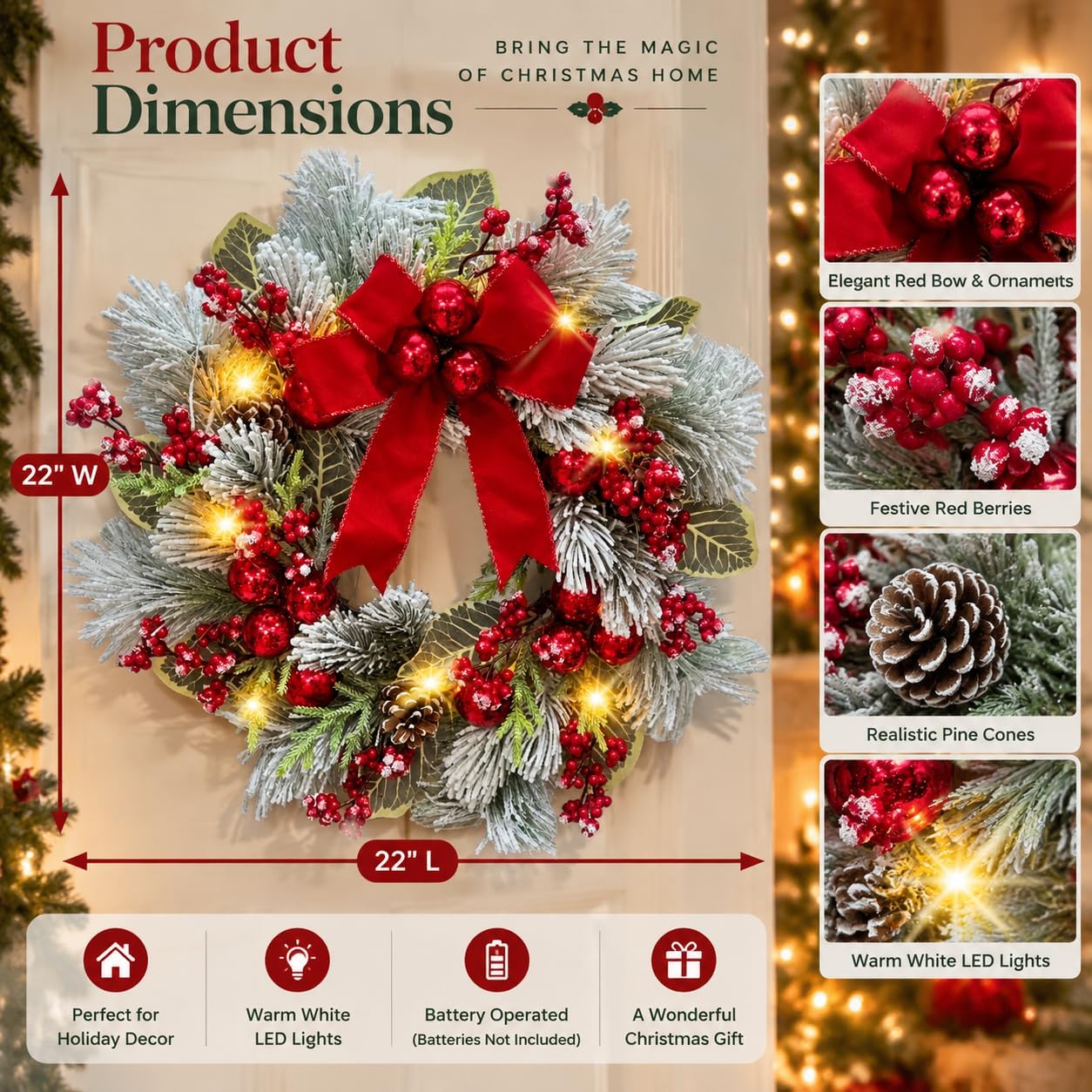 Lighted Christmas Wreath with Red Bow, Red Berries and Ornaments, additional listing view 3