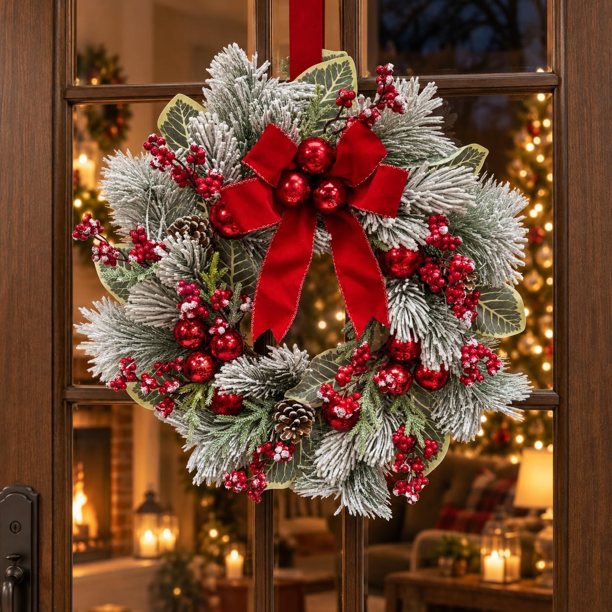 Lighted Christmas Wreath with Red Bow, Red Berries and Ornaments, additional listing view 4
