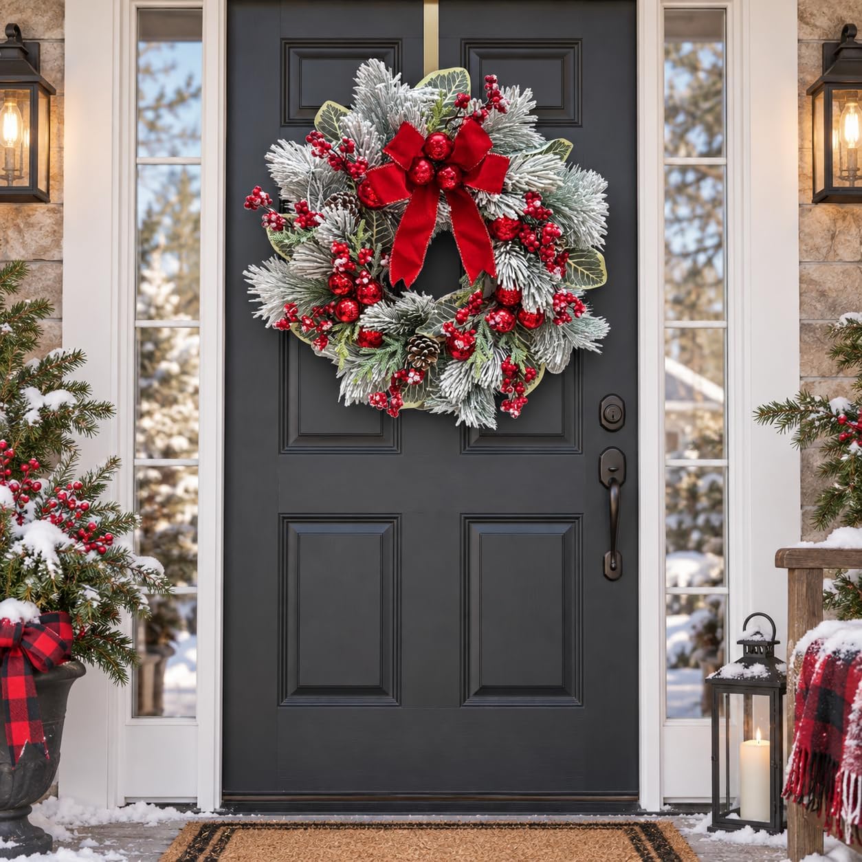 Lighted Christmas Wreath with Red Bow, Red Berries and Ornaments, additional listing view 5