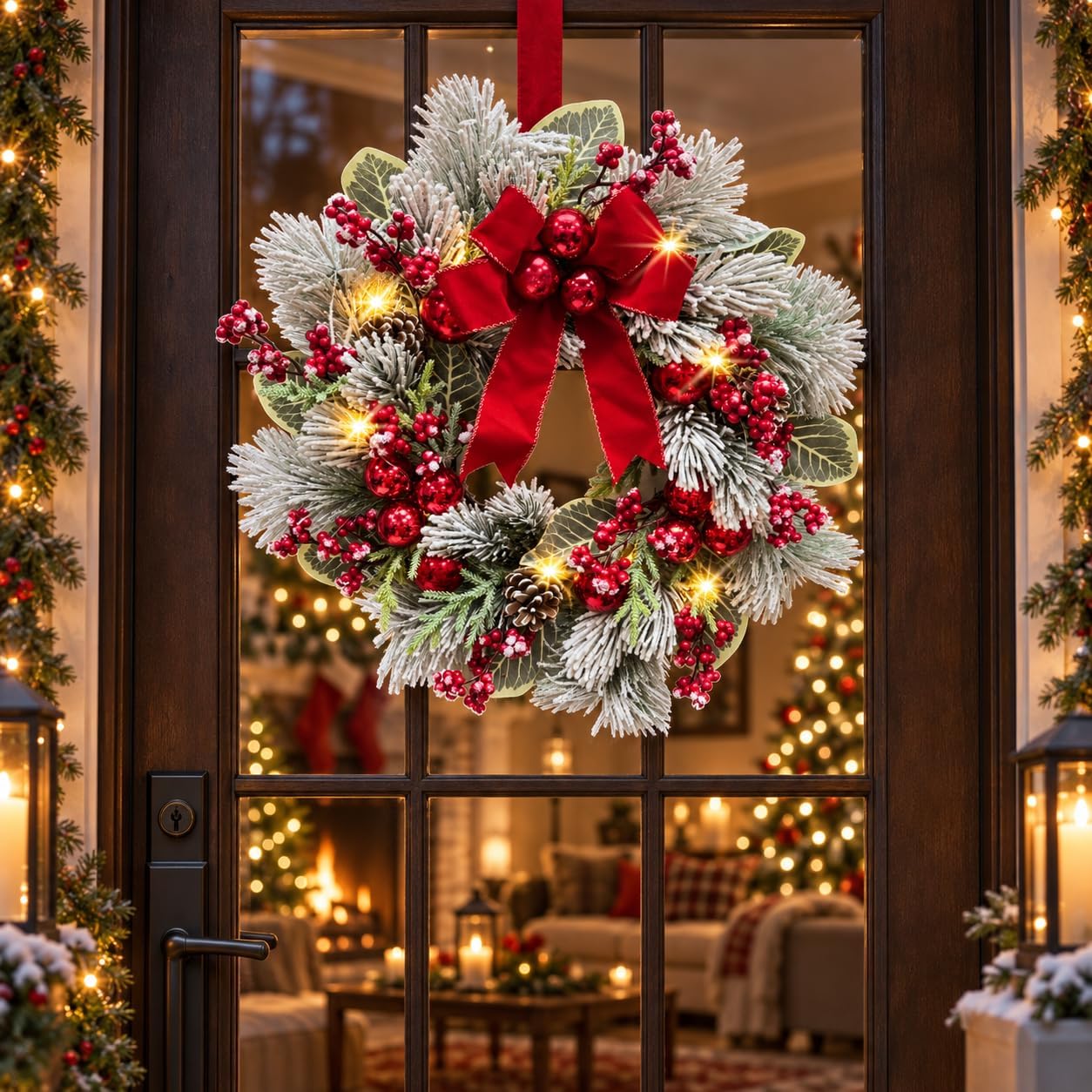Lighted Christmas Wreath with Red Bow, Red Berries and Ornaments, additional listing view 7