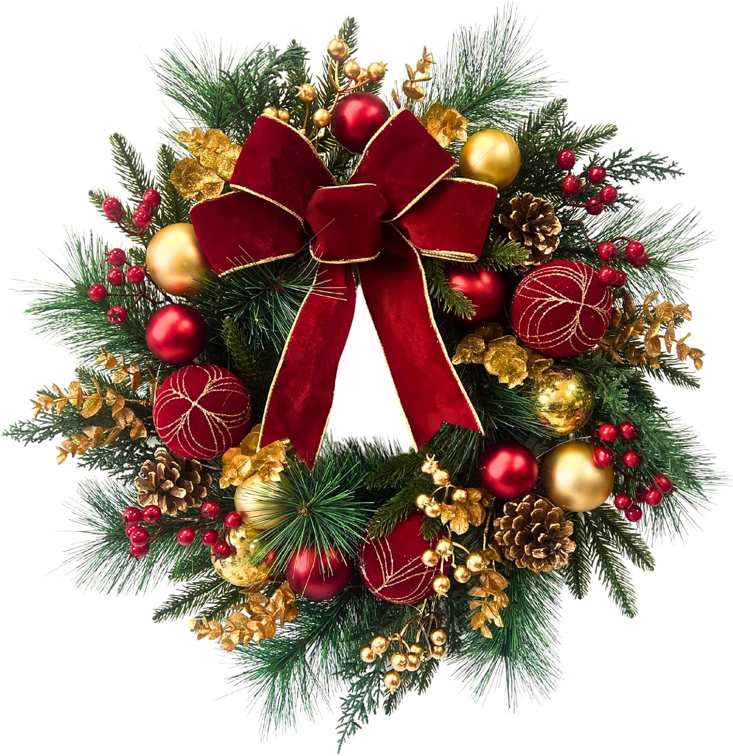 Lighted Christmas Wreath with Timer and Red Gold Ornaments, Red Bow, main product view
