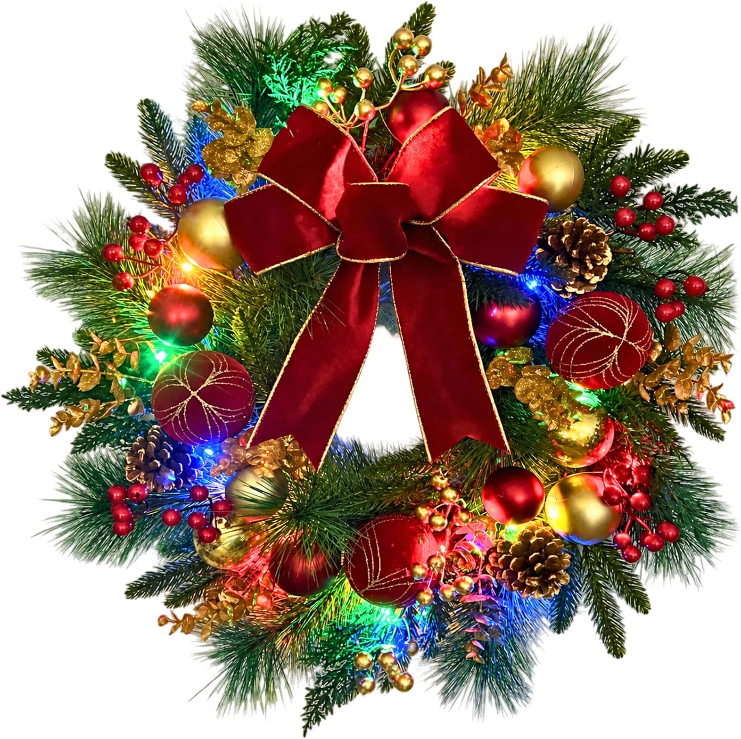 Lighted Christmas Wreath with Timer and Red Gold Ornaments, Red Bow, additional listing view 2