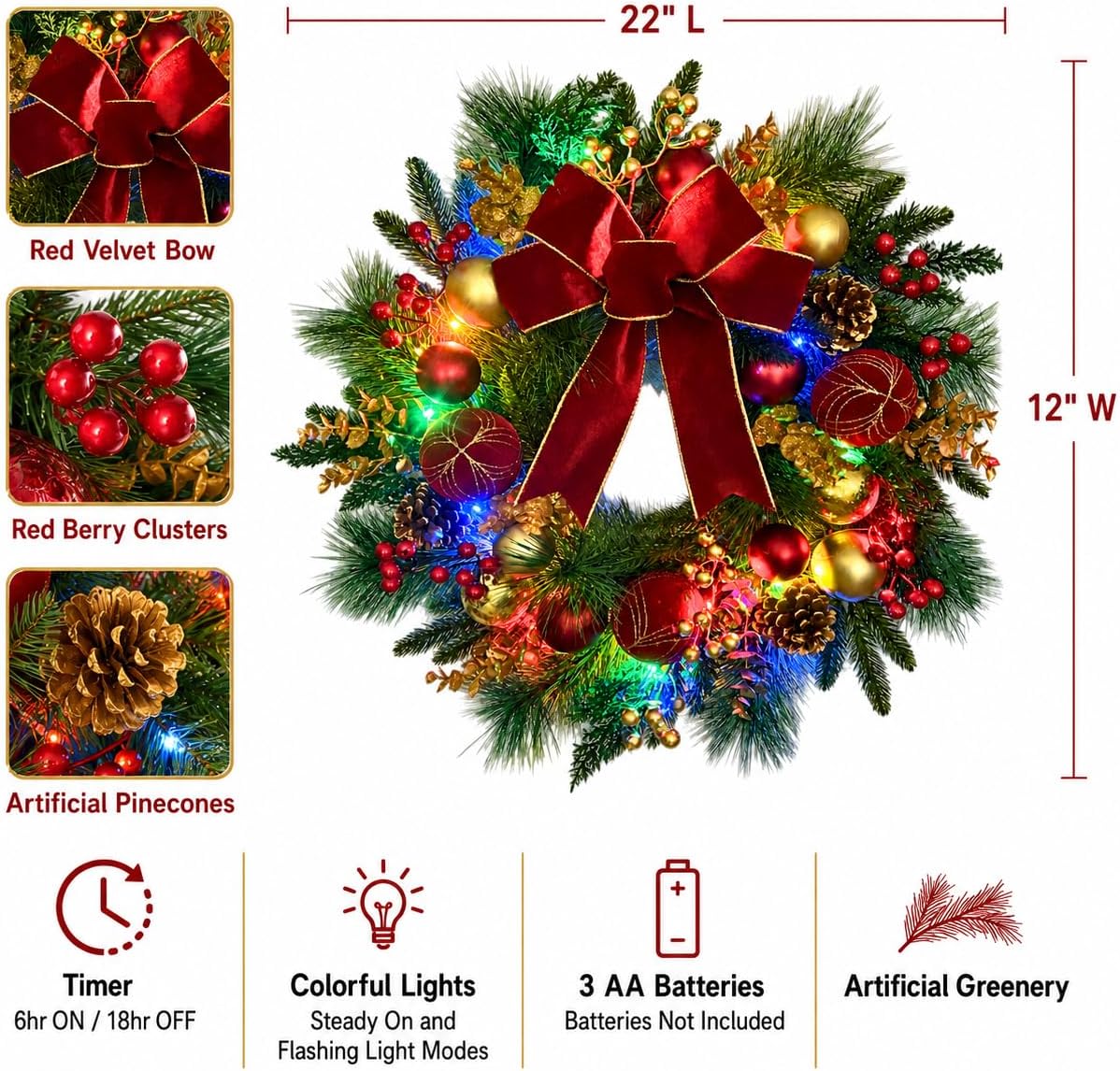 Lighted Christmas Wreath with Timer and Red Gold Ornaments, Red Bow, additional listing view 3