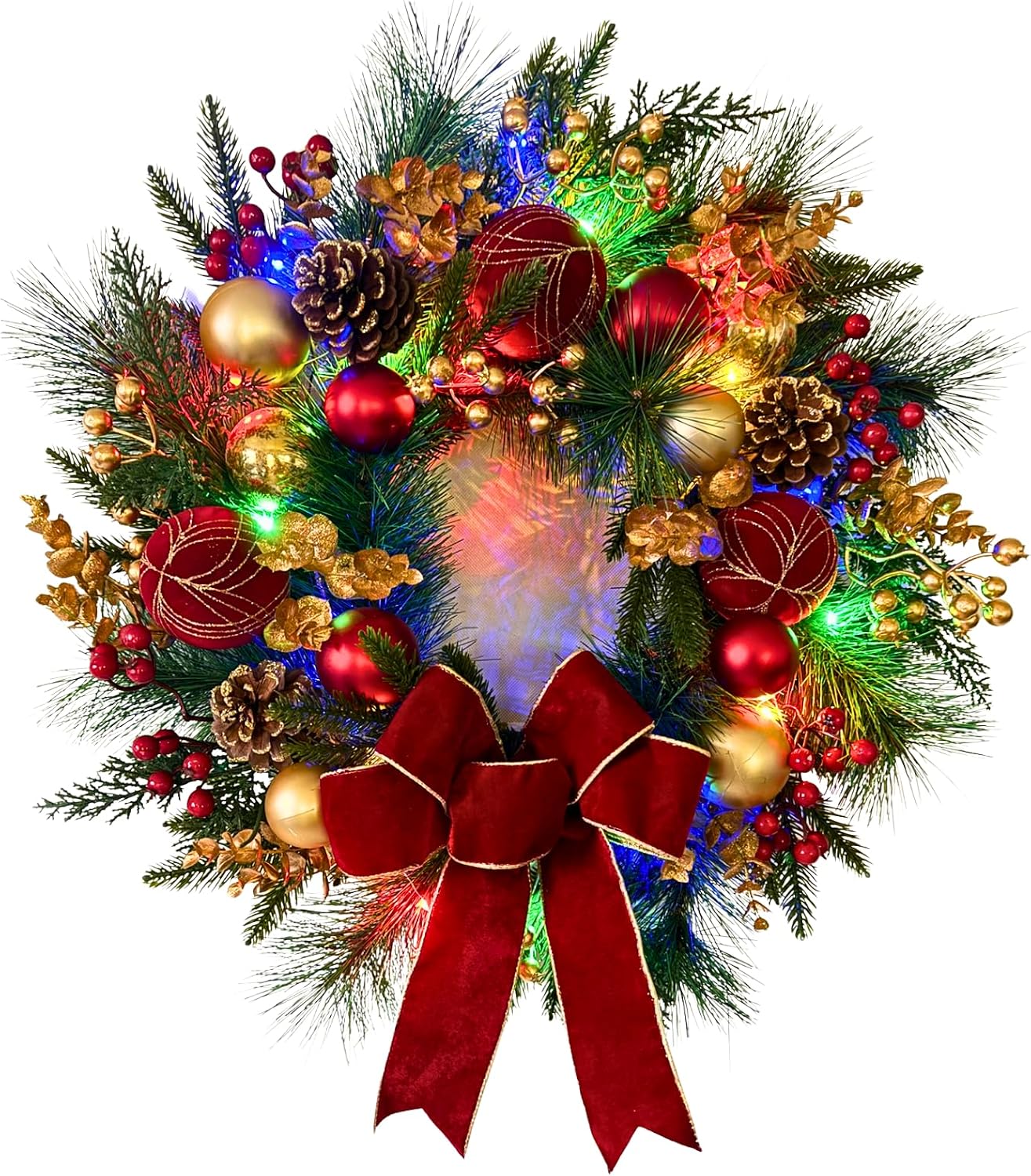 Lighted Christmas Wreath with Timer and Red Gold Ornaments, Red Bow, additional listing view 4