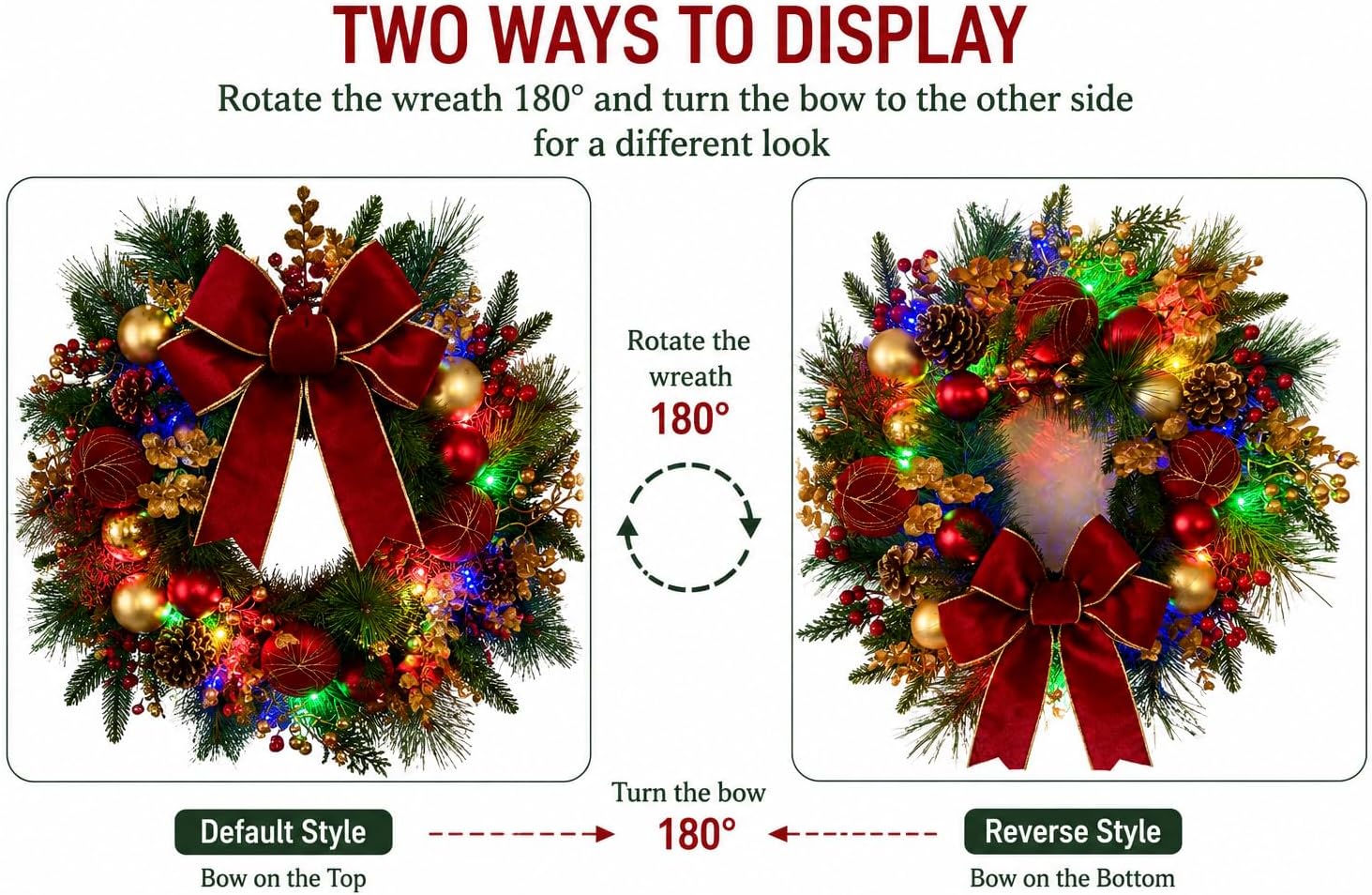 Lighted Christmas Wreath with Timer and Red Gold Ornaments, Red Bow, additional listing view 5