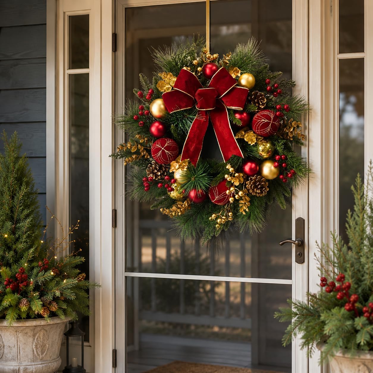 Lighted Christmas Wreath with Timer and Red Gold Ornaments, Red Bow, additional listing view 6