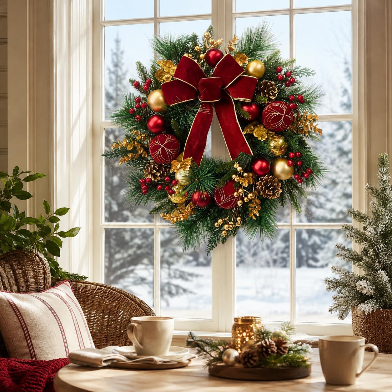 Lighted Christmas Wreath with Timer and Red Gold Ornaments, Red Bow, additional listing view 7