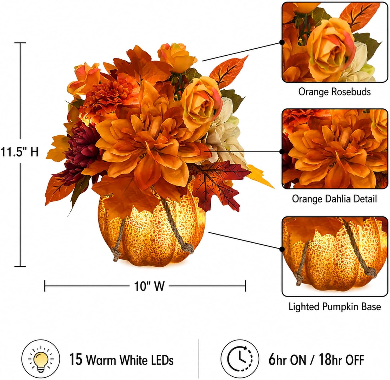 Lighted Fall Pumpkin Floral Arrangement with Orange Dahlia, additional listing view 3