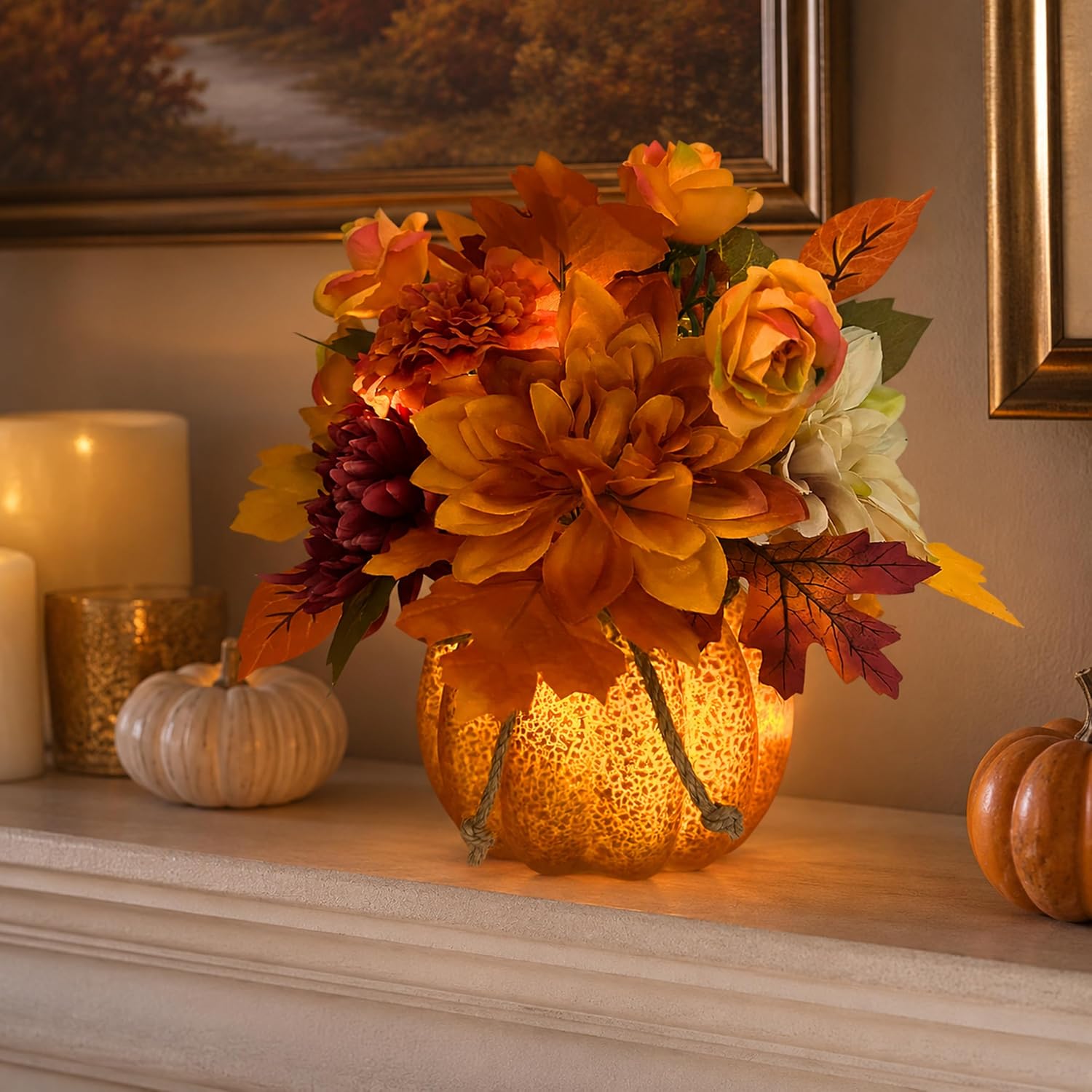 Lighted Fall Pumpkin Floral Arrangement with Orange Dahlia, additional listing view 4