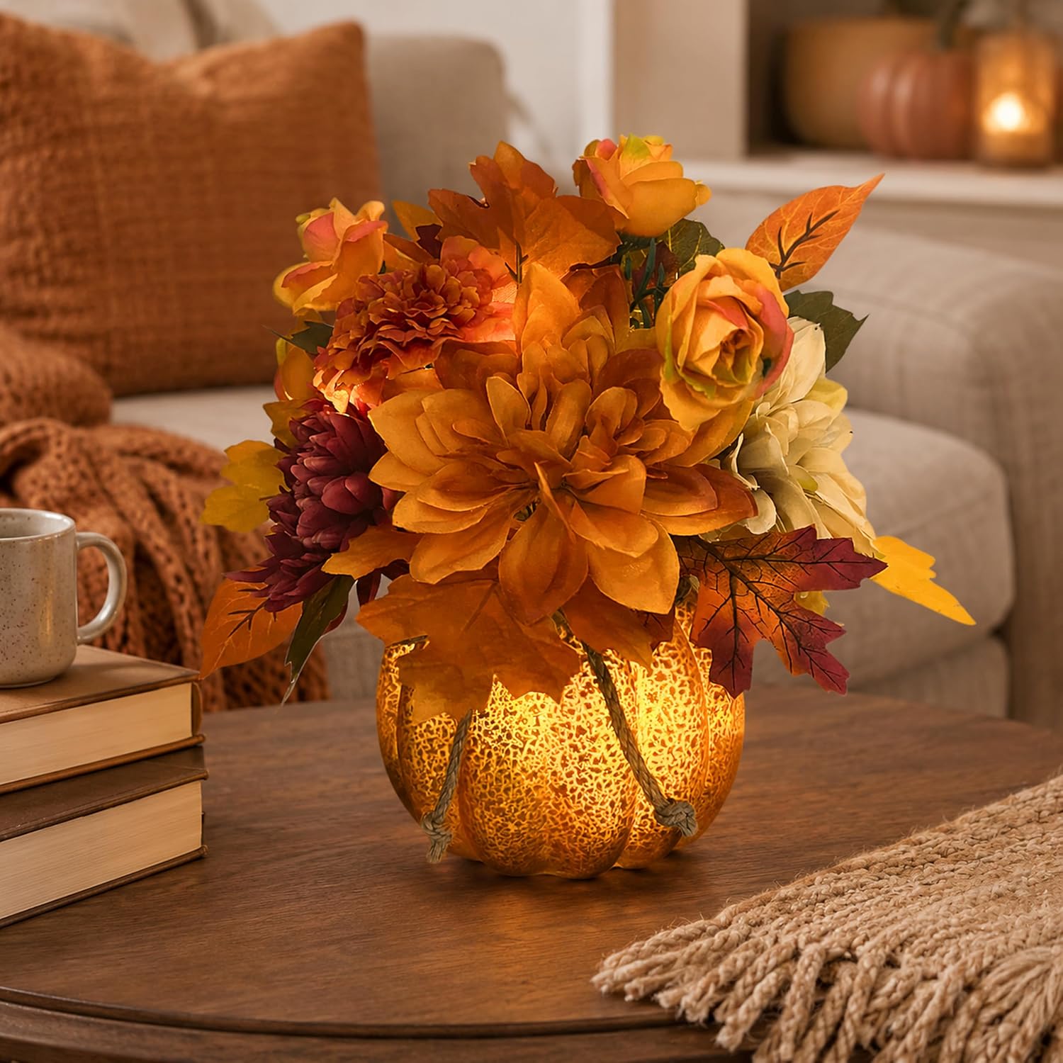Lighted Fall Pumpkin Floral Arrangement with Orange Dahlia, additional listing view 5