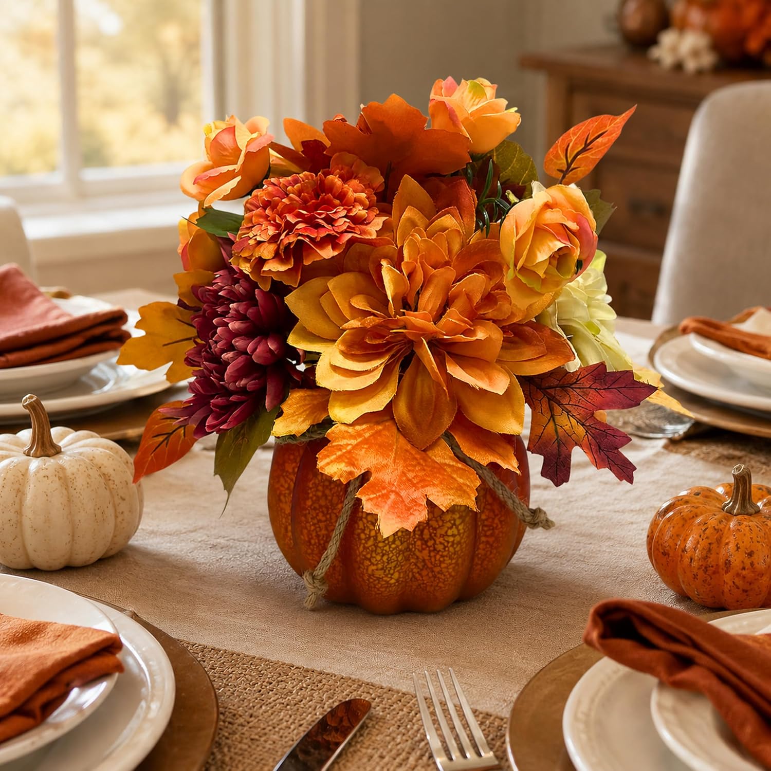 Lighted Fall Pumpkin Floral Arrangement with Orange Dahlia, additional listing view 6