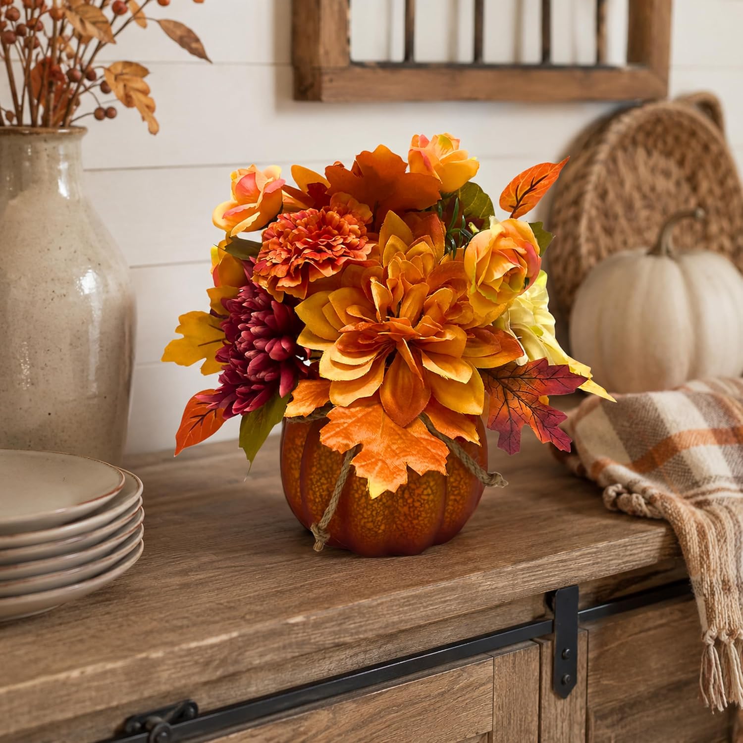 Lighted Fall Pumpkin Floral Arrangement with Orange Dahlia, additional listing view 7