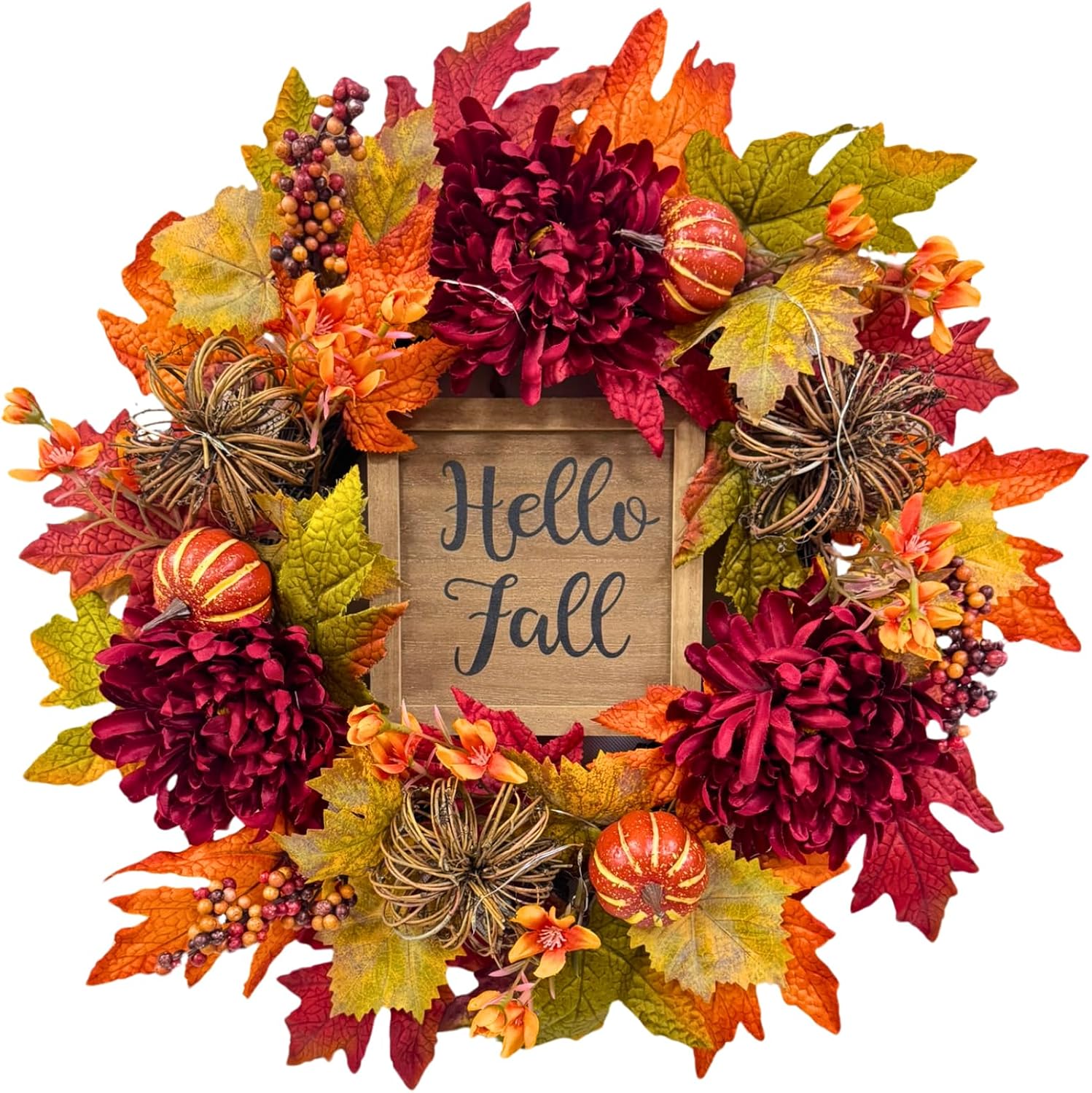 Lighted Fall Wreath with Burgundy Mums, main product view