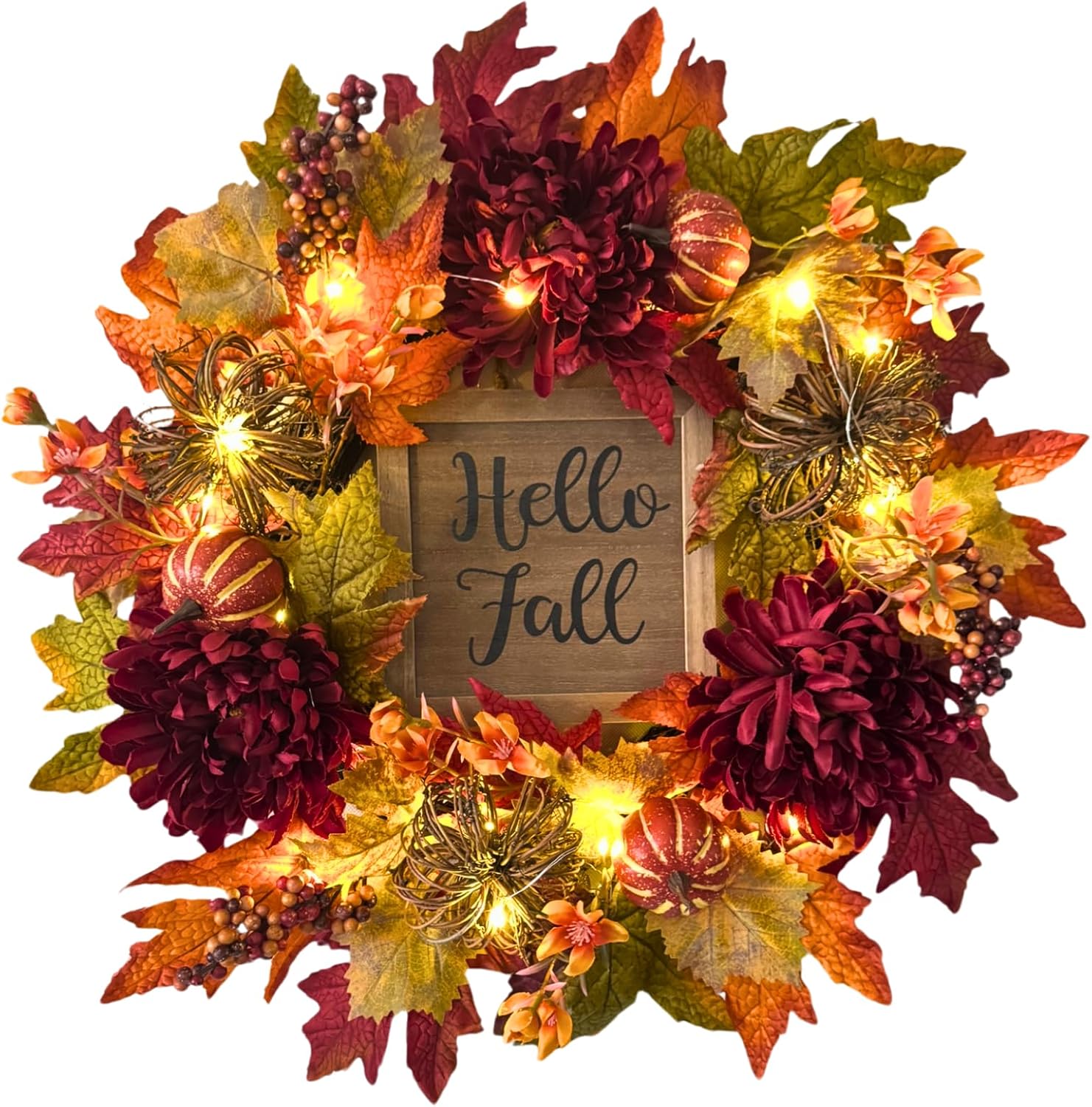 Lighted Fall Wreath with Burgundy Mums, additional listing view 2