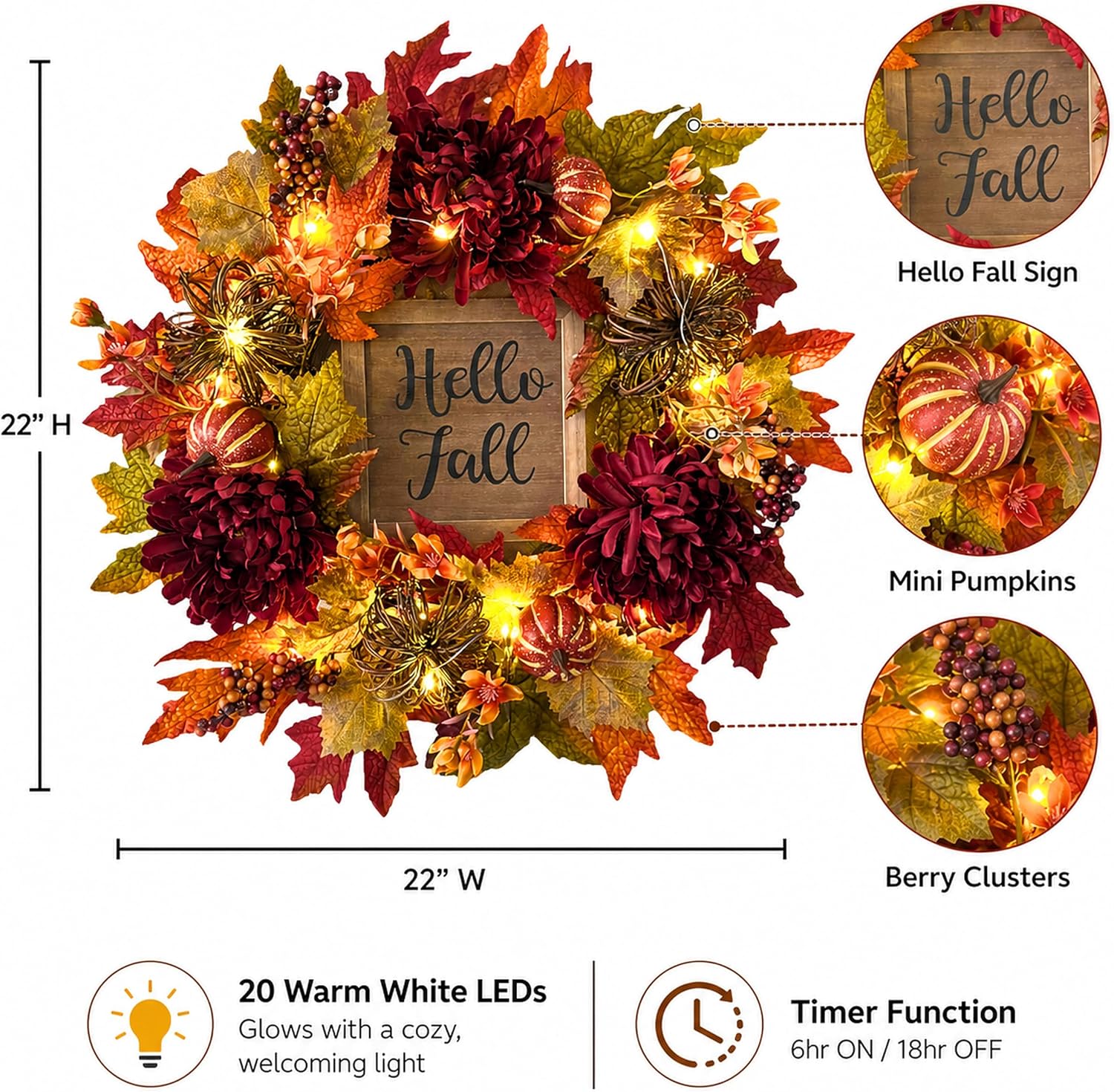 Lighted Fall Wreath with Burgundy Mums, additional listing view 3