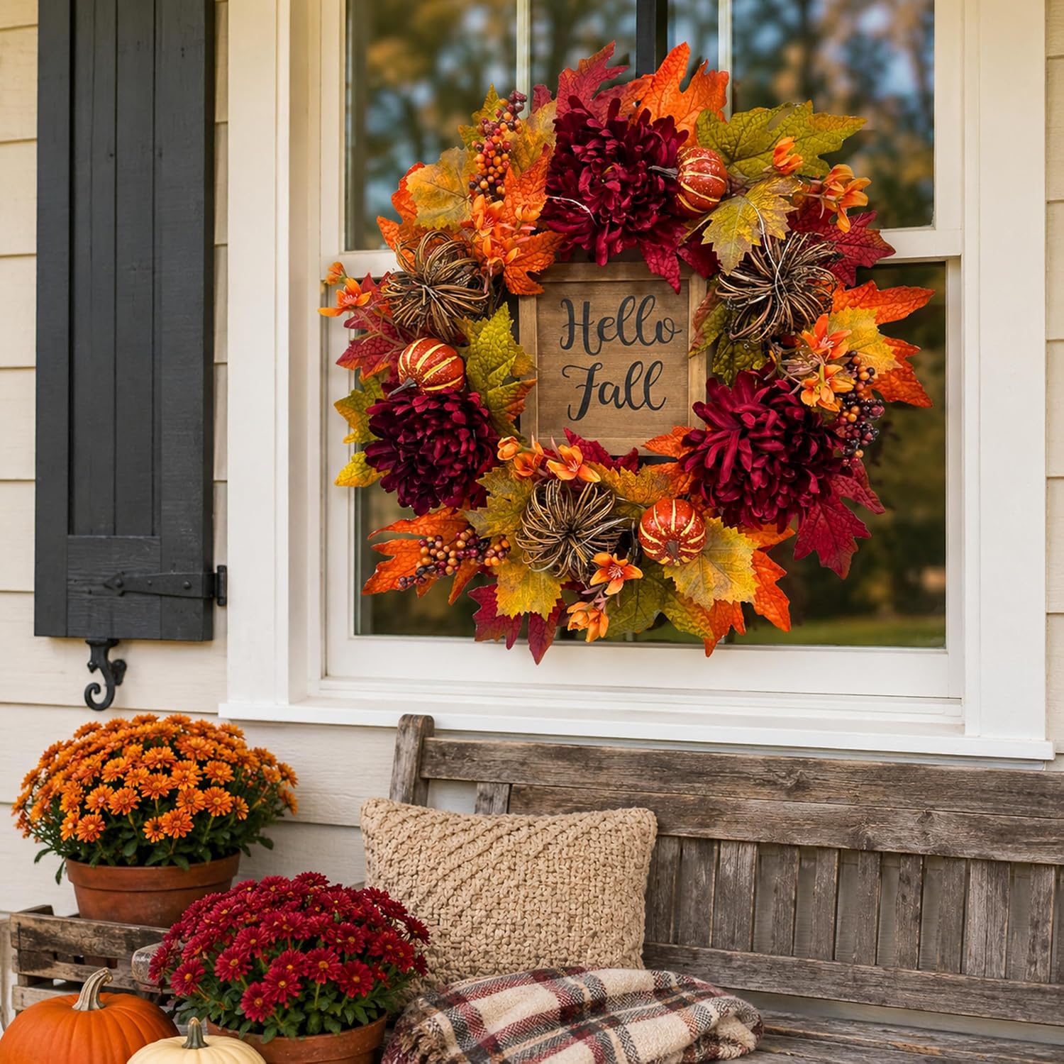 Lighted Fall Wreath with Burgundy Mums, additional listing view 4