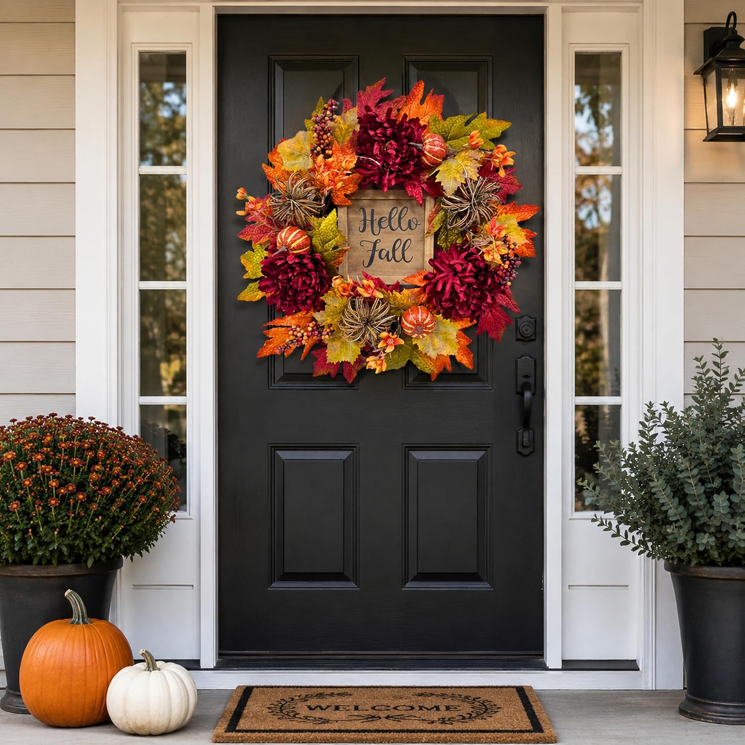 Lighted Fall Wreath with Burgundy Mums, additional listing view 5