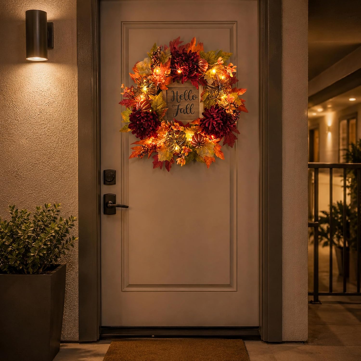 Lighted Fall Wreath with Burgundy Mums, additional listing view 6