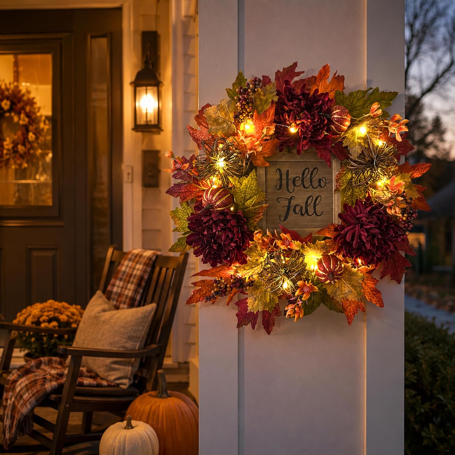 Lighted Fall Wreath with Burgundy Mums, additional listing view 7