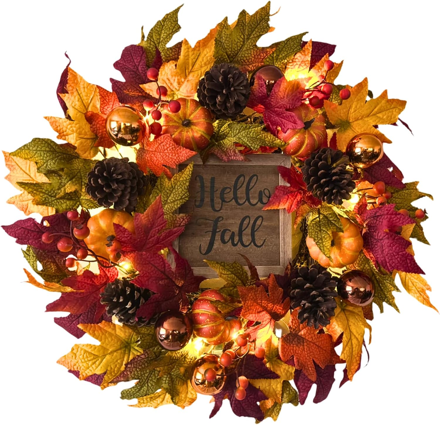 Lighted Fall Wreath with Pumpkins & Pinecones, additional listing view 2