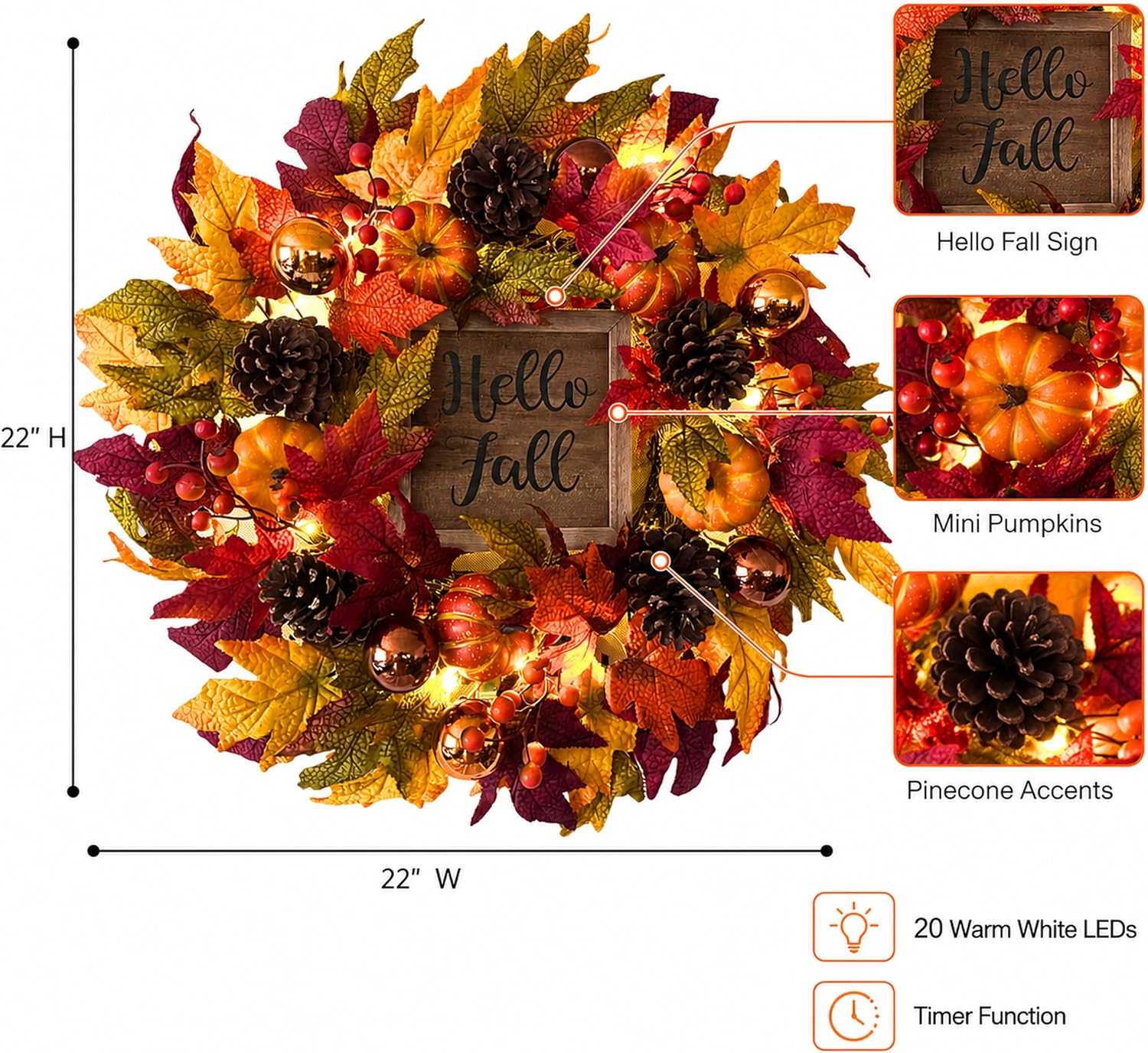 Lighted Fall Wreath with Pumpkins & Pinecones, additional listing view 3
