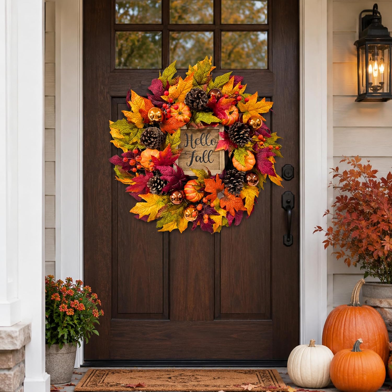 Lighted Fall Wreath with Pumpkins & Pinecones, additional listing view 4